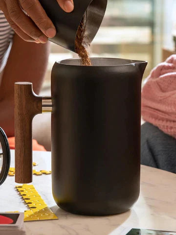 FELLOW Clara French Press - Matte Black & Walnut Handles adding coffee